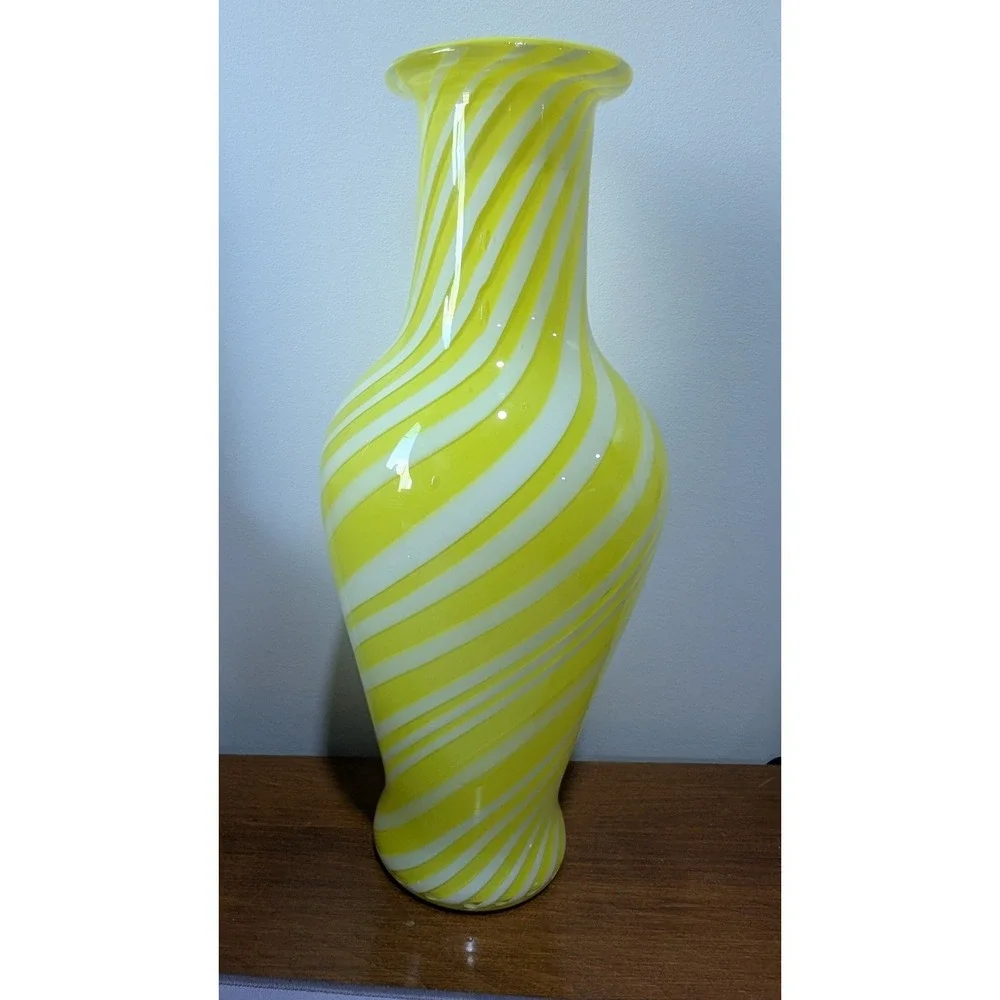 Vintage Yellow White Swirl Art Glass Vase Hand Blown Murano Style 12 Inch Urn